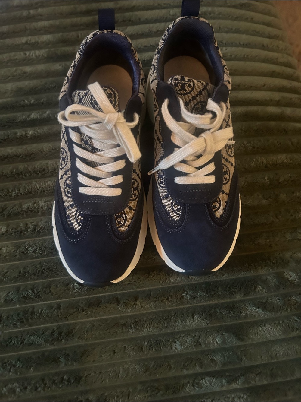 Tory Burch Navy and Cream Logo-Pattern Lace-Up Sneakers